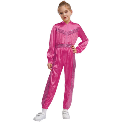 Girls Sequin Satin m Long Sleeve Zipper Jumpsuit (Age 6-16 YRS)