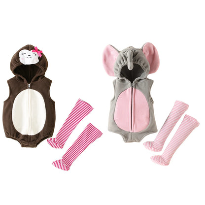 Baby Hooded Elephant/Monkey Sleeveless Zipper Romper (Age 9M-3 YRS)