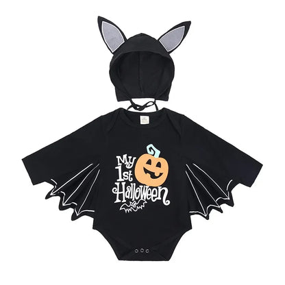Skeleton Black Bat Costume for Baby 3-6M 6-12M 12-24M Purim Halloween Costumes Romper Hat 2pcs/set pumpkin short