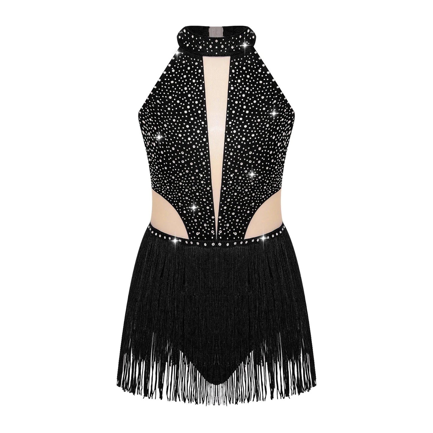 Girls Dance Costume Sleeveless Rhinestone Tassel Leotard (Age 6-16 YRS)