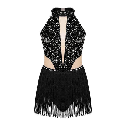 Girls Dance Costume Sleeveless Rhinestone Tassel Leotard (Age 6-16 YRS)