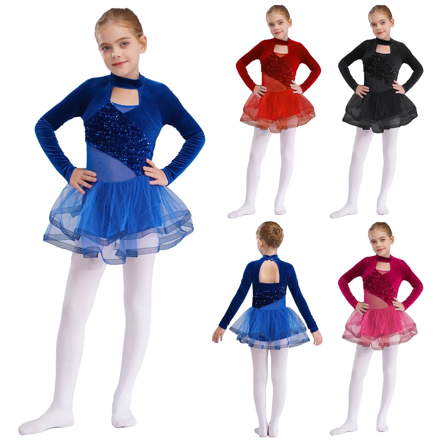 Girls Figure Skating Dance Costume Sequin Long Sleeve Velvet Mesh Leotard Dress (Age 6-14 YRS)
