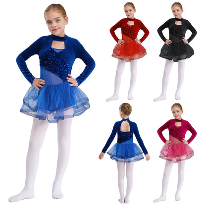 Girls Figure Skating Dance Costume Sequin Long Sleeve Velvet Mesh Leotard Dress (Age 6-14 YRS)