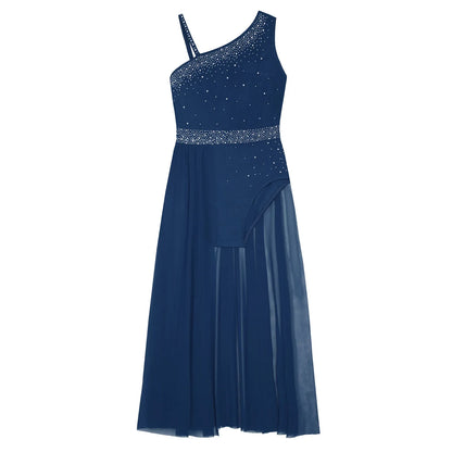 Girls Dance Costume Ballet Rhinestones Sleeveless Sheer Mesh Leotard Dress (Age 6-16 YRS)