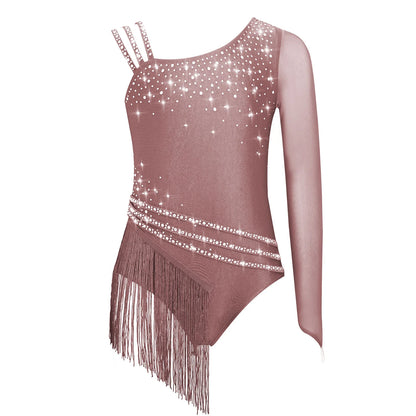 Girls Figure Skating Rhinestone Irregular Tassel Bodysuit Leotard (Age  6-16YRS)