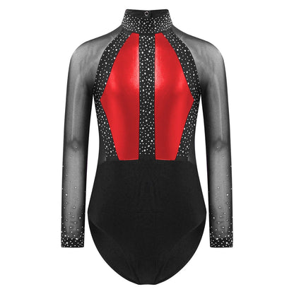 Girls Dance Performance Costume Long Sleeve Rhinestone Leotard (Age 6-16 YRS)