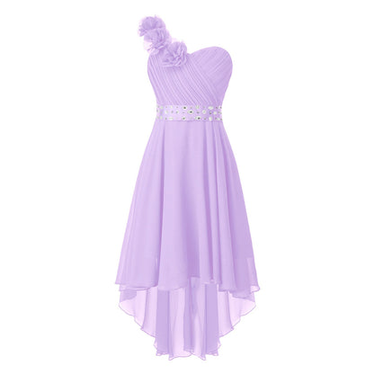 Girls Applique One-Shoulder Ruched Asymmetrical Hem Dress (Age 6-16YRS)