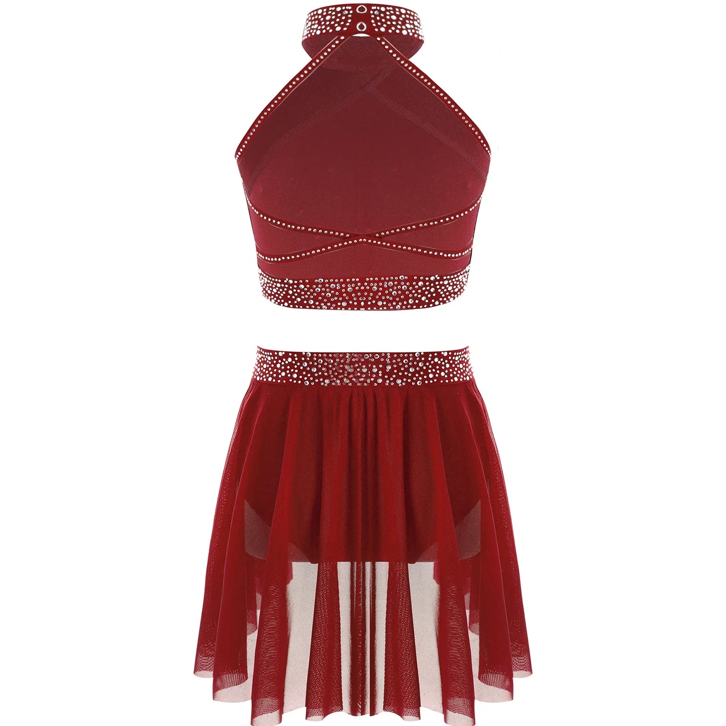 Girls Rhinestones Dance Outfit Tops & Skirt Set (Age 6-16 YRS)