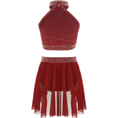 Girls Rhinestones Dance Outfit Tops & Skirt Set (Age 6-16 YRS)