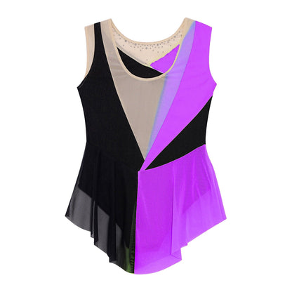 Rhinestone Gymnastics Figure Skating Dress for Teen Girls Sleeveless Sheer Mesh Tutu Ballet Leotard Lyrical Performance Costume