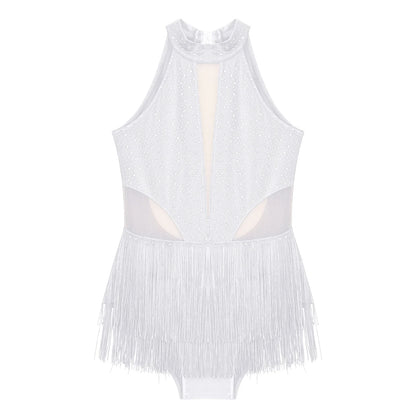 Girls Dance Costume Sleeveless Rhinestone Tassel Leotard (Age 6-16 YRS)