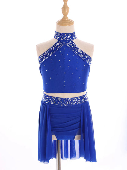 Girls Rhinestones Dance Outfit Tops & Skirt Set (Age 6-16 YRS)