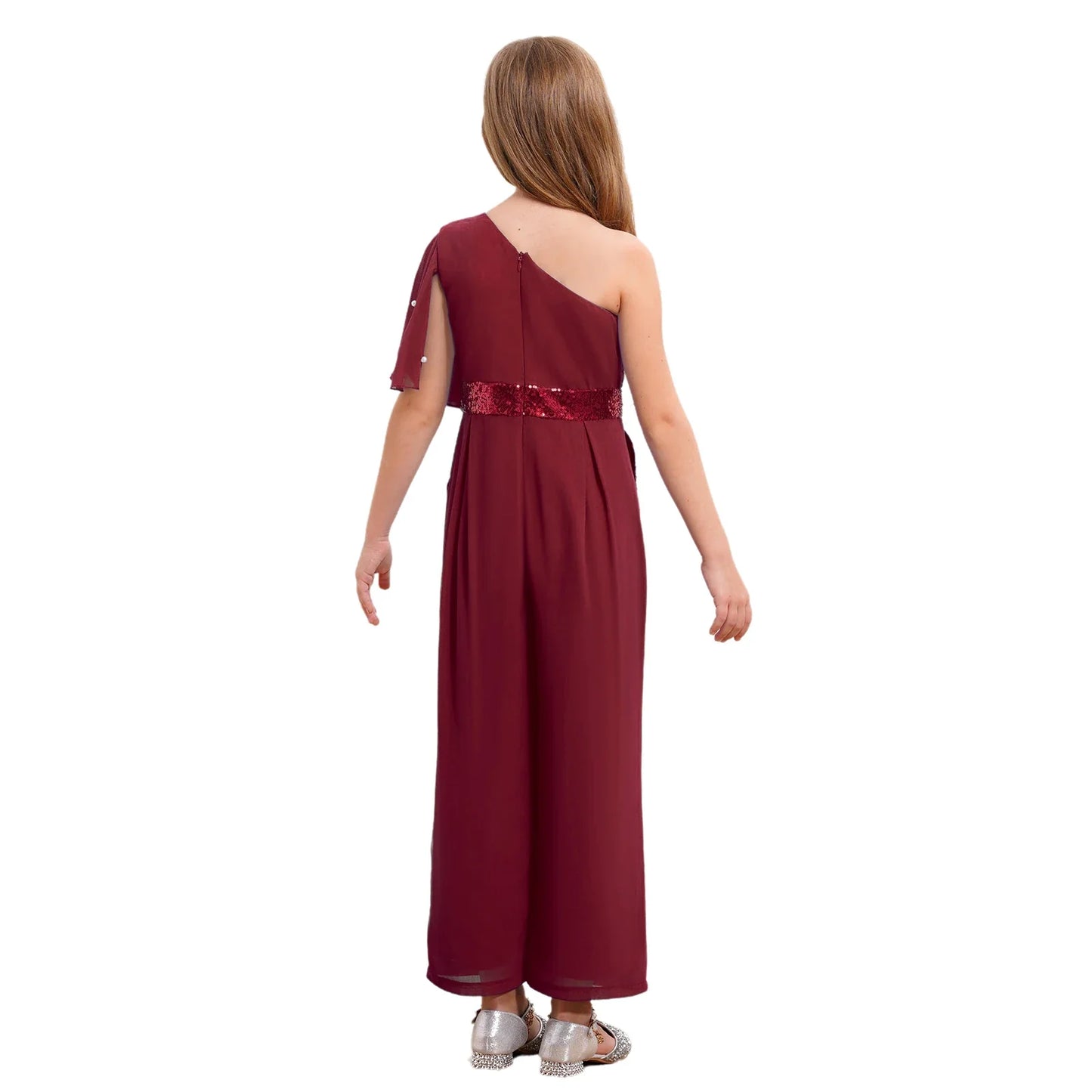 Girls One Shoulder PearlSequin Ruffled Wide Leg Jumpsuit (Age 6-14YRS)