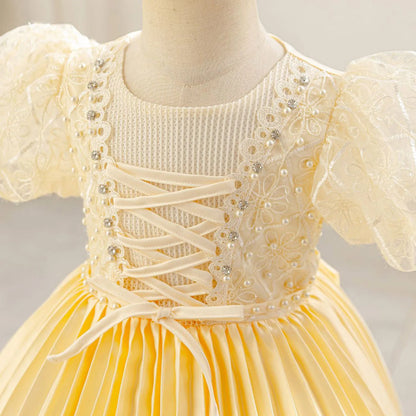 Baby Girls Princess Puff Sleeves Satin Faux Pearls Pleated Tulle Dress (9M-5YRS)