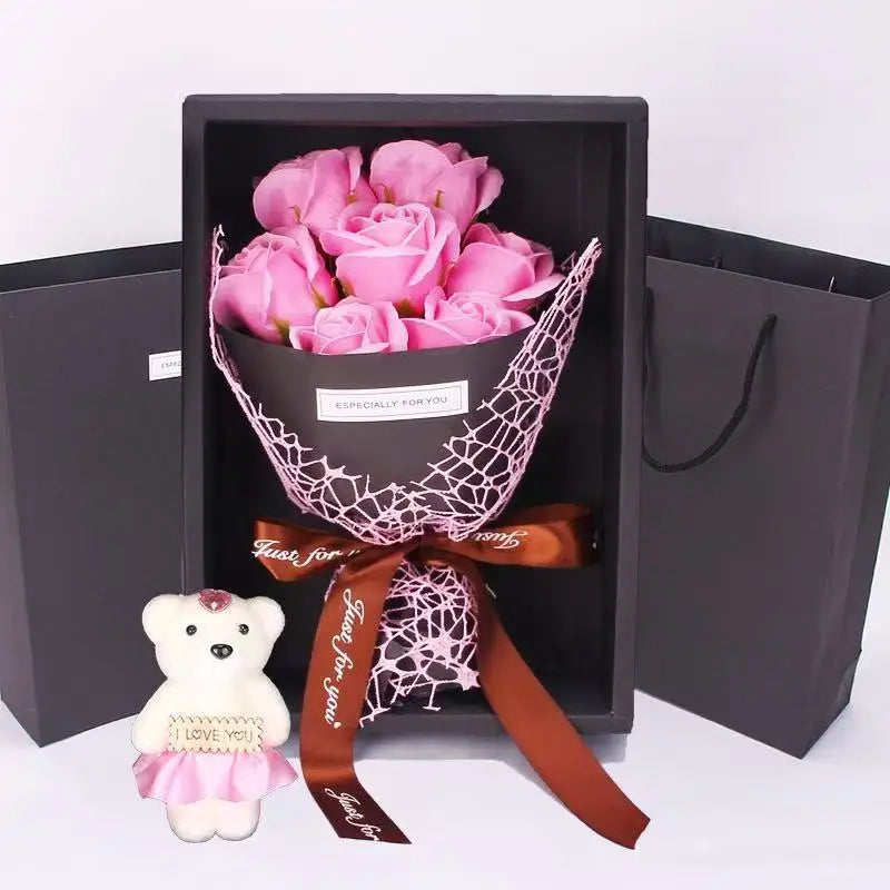 Artificial Rose Bouquet Bear Gift Box - Christmas Birthday Valentines Pink