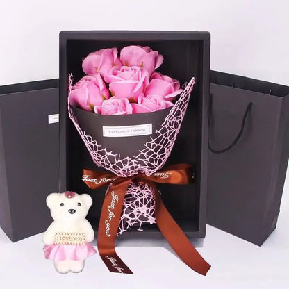 Artificial Rose Bouquet Bear Gift Box - Christmas Birthday Valentines Pink
