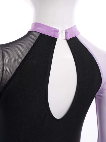 Girls Ballet Dance Leotard Gymnastics  Rhinestones Sheer Mesh Long Sleeve (Age 4-16 YRS)