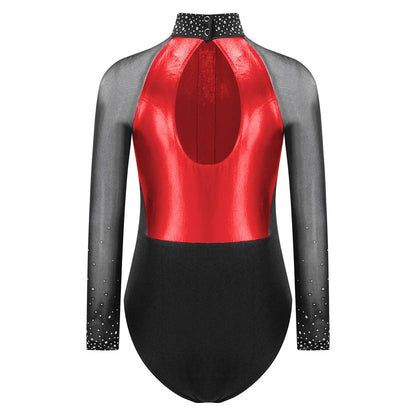 Girls Dance Performance Costume Long Sleeve Rhinestone Leotard (Age 6-16 YRS)