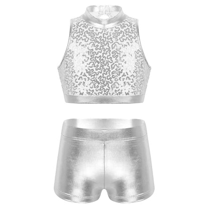 Girls Dance Costume Sequin Crop Top & Shorts Set (Age 6-12 YRS)
