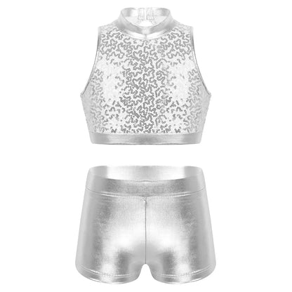 Girls Dance Costume Sequin Crop Top & Shorts Set (Age 6-12 YRS)