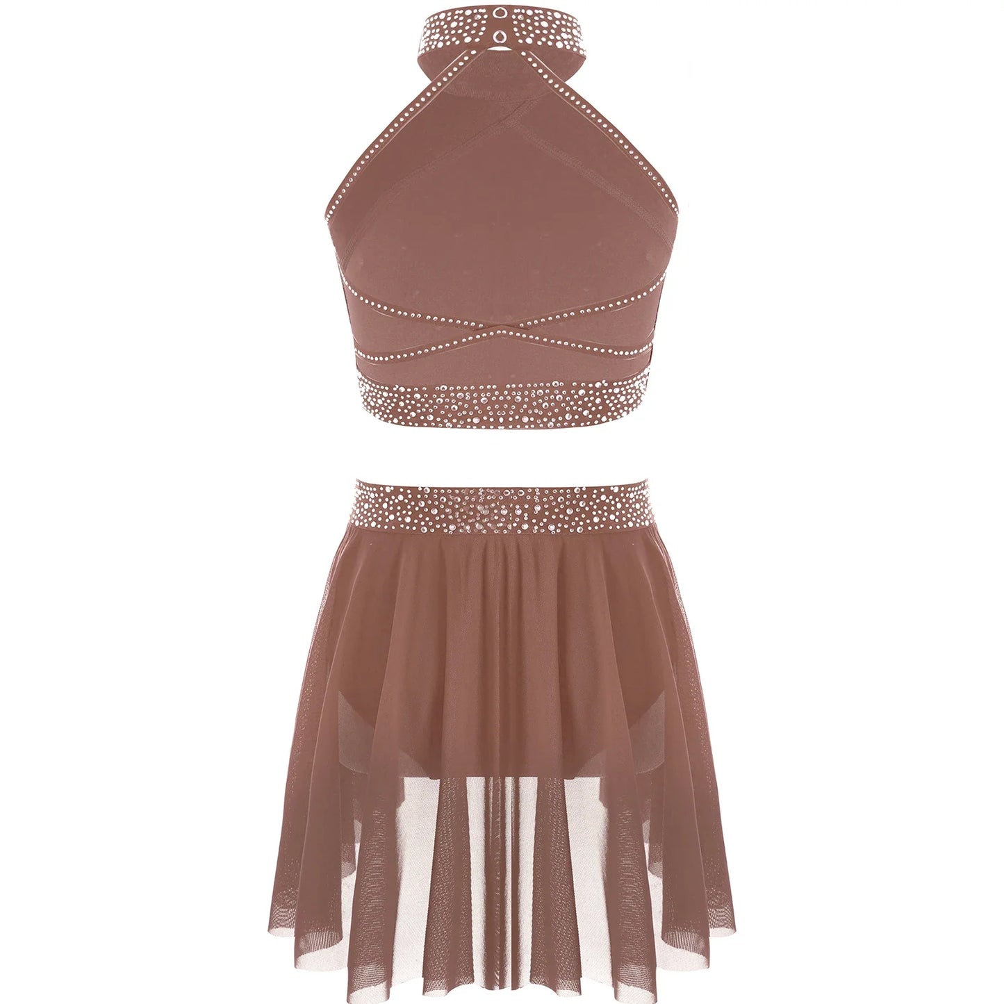 Girls Rhinestones Dance Outfit Tops & Skirt Set (Age 6-16 YRS)