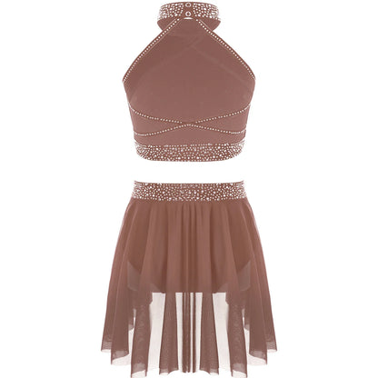 Girls Rhinestones Dance Outfit Tops & Skirt Set (Age 6-16 YRS)