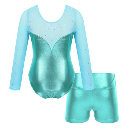 Girls Rhinestone Metallic Dance Bodysuit & Shorts Set (Age 4-12 YRS)