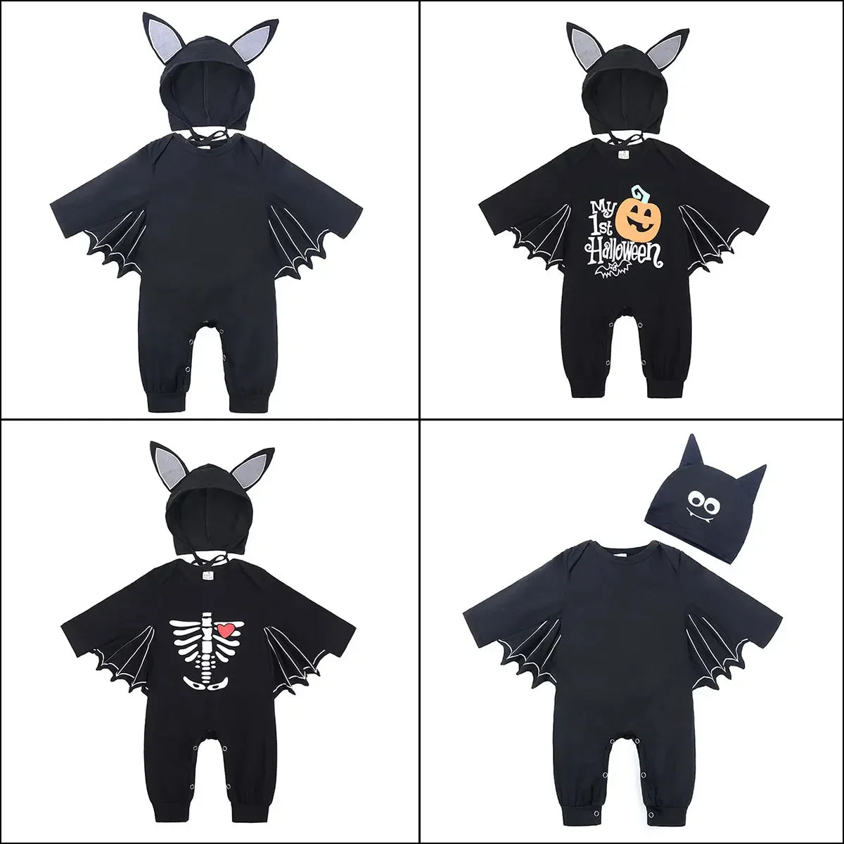 Skeleton Black Bat Costume for Baby 3-6M 6-12M 12-24M Purim Halloween Costumes Romper Hat 2pcs/set