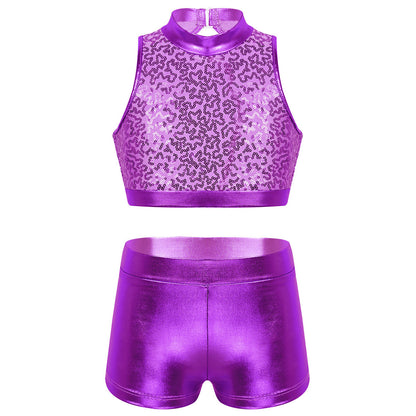 Girls Dance Costume Sequin Crop Top & Shorts Set (Age 6-12 YRS)
