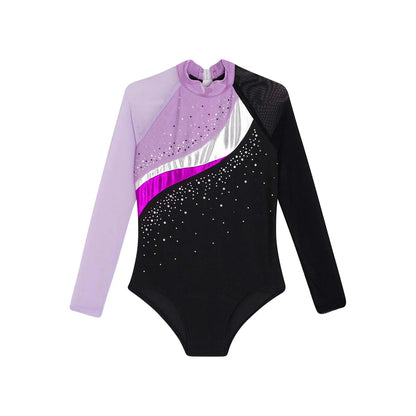 Girls Ballet Dance Leotard Gymnastics  Rhinestones Sheer Mesh Long Sleeve (Age 4-16 YRS)