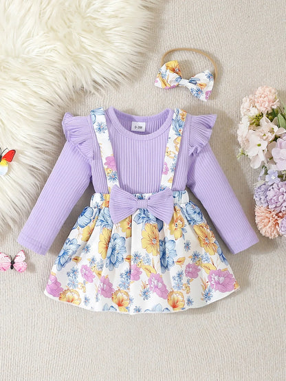 Baby Girls Floral Print Small Flying Sleeve Dress & Bodysuit & Headband (Age Newborn-18M)