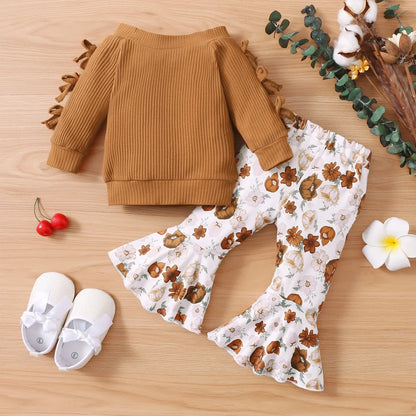 Baby Girls Ribbed Bowknot Long-Sleeve Top and Floral Print Bell Bottom Trousers (Age 3-24M)