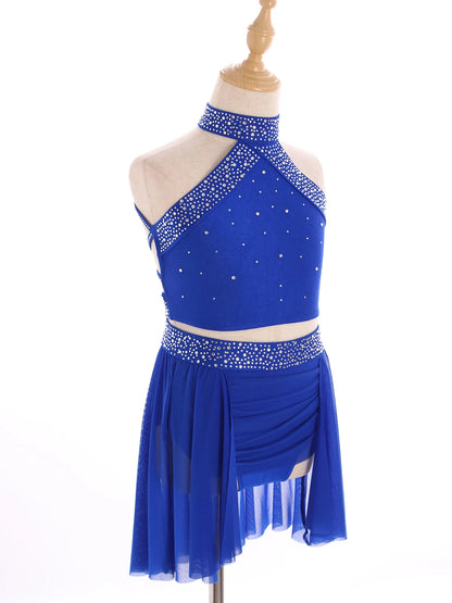 Girls Rhinestones Dance Outfit Tops & Skirt Set (Age 6-16 YRS)
