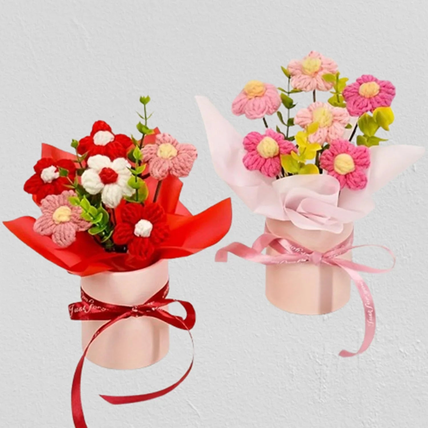 Handmade Knitted Crochet Gift Pink & Red Flower Bouquets
