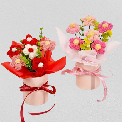 Handmade Knitted Crochet Gift Pink & Red Flower Bouquets
