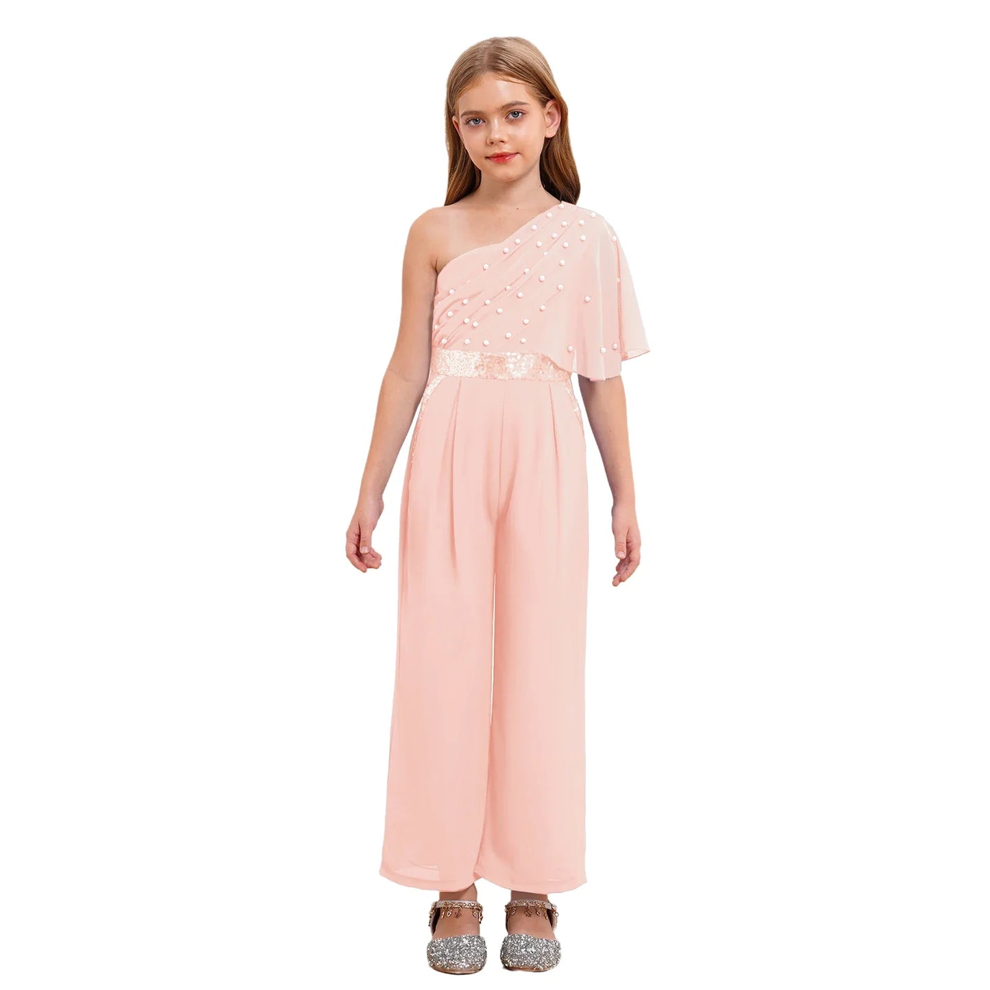 Girls One Shoulder PearlSequin Ruffled Wide Leg Jumpsuit (Age 6-14YRS)