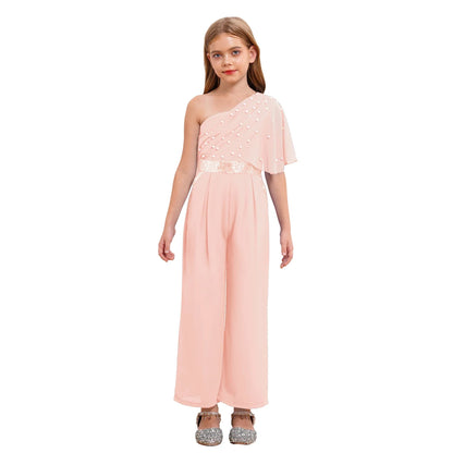 Girls One Shoulder PearlSequin Ruffled Wide Leg Jumpsuit (Age 6-14YRS)