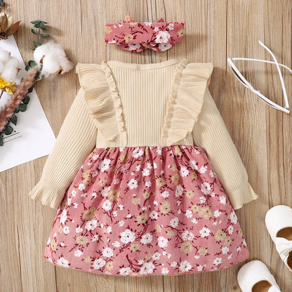 Baby Girls Ribbed Ruffle Long-sleeve Floral Print Dress (Age 3M-3YRS)