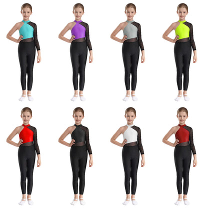 Girls Gymnastics Rhinestones Sheer Mesh Jumpsuit (Age 6-16 YRS)