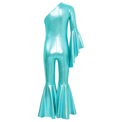 Girls Dance Metallic One Shoulder Bell-Bottom Jumpsuit (Age 6-16YRS)