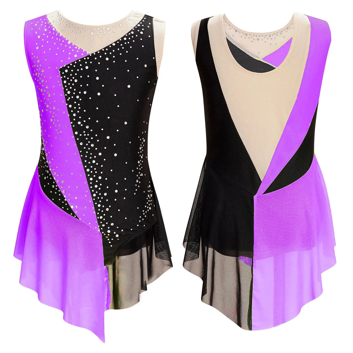 Rhinestone Gymnastics Figure Skating Dress for Teen Girls Sleeveless Sheer Mesh Tutu Ballet Leotard Lyrical Performance Costume