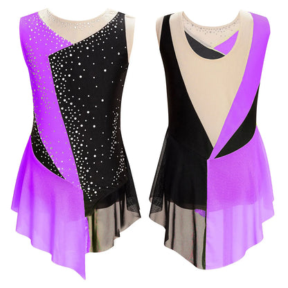 Rhinestone Gymnastics Figure Skating Dress for Teen Girls Sleeveless Sheer Mesh Tutu Ballet Leotard Lyrical Performance Costume