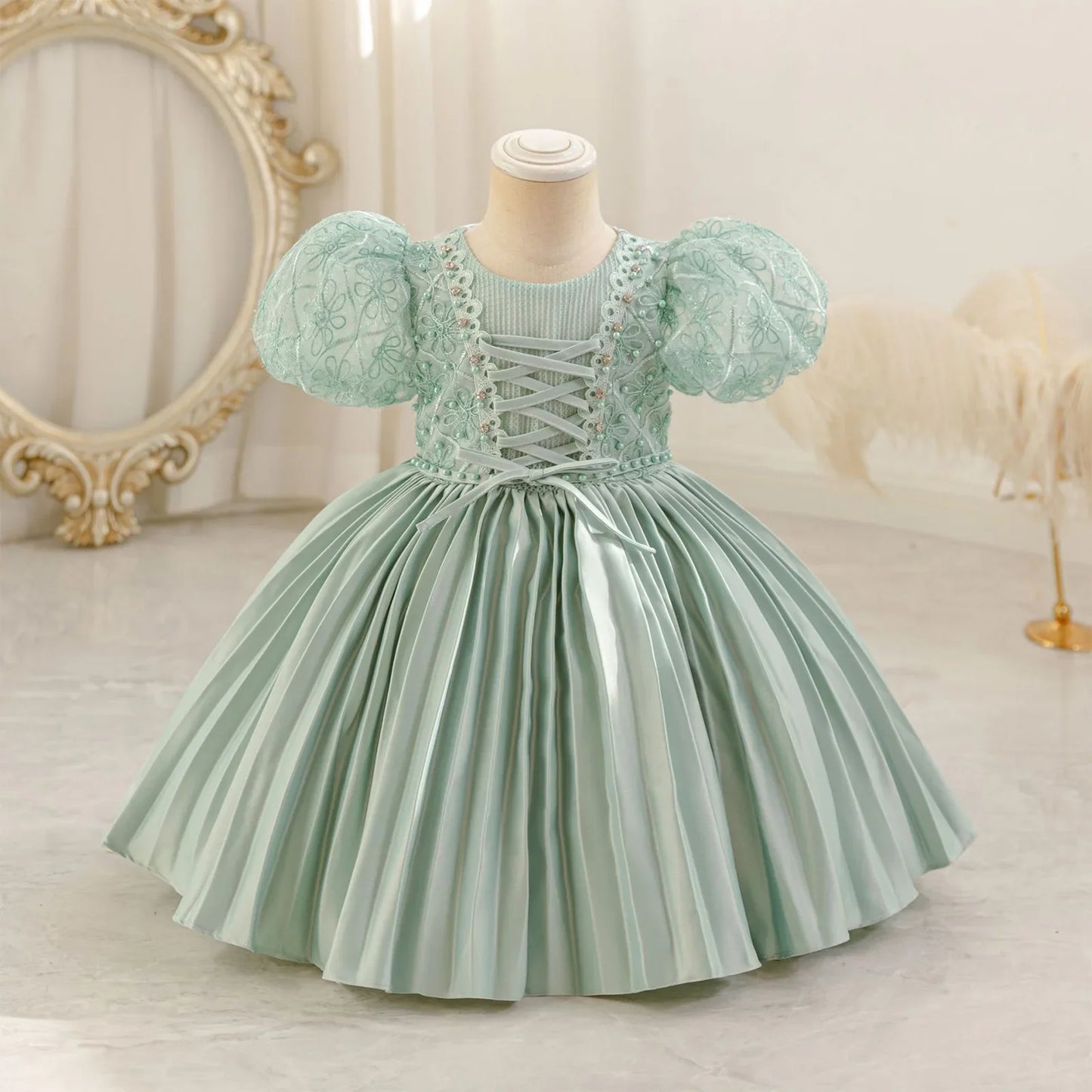 Baby Girls Princess Puff Sleeves Satin Faux Pearls Pleated Tulle Dress (9M-5YRS)