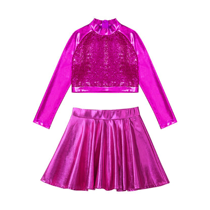 Girls Dance Metallic Long Sleeve Sequin Crop Top & Skirt (Age 6-14YRS)