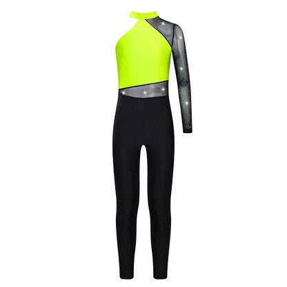 Girls Gymnastics Rhinestones Sheer Mesh Jumpsuit (Age 6-16 YRS)