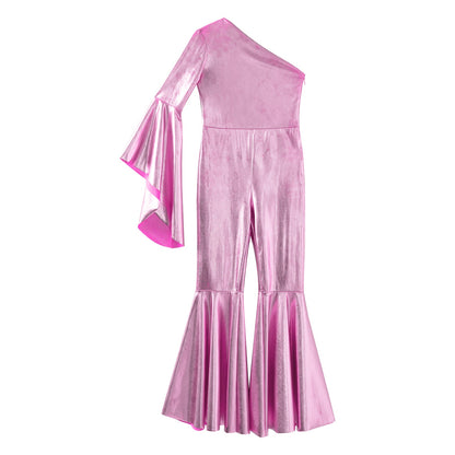 Girls Dance Metallic One Shoulder Bell-Bottom Jumpsuit (Age 6-16YRS)