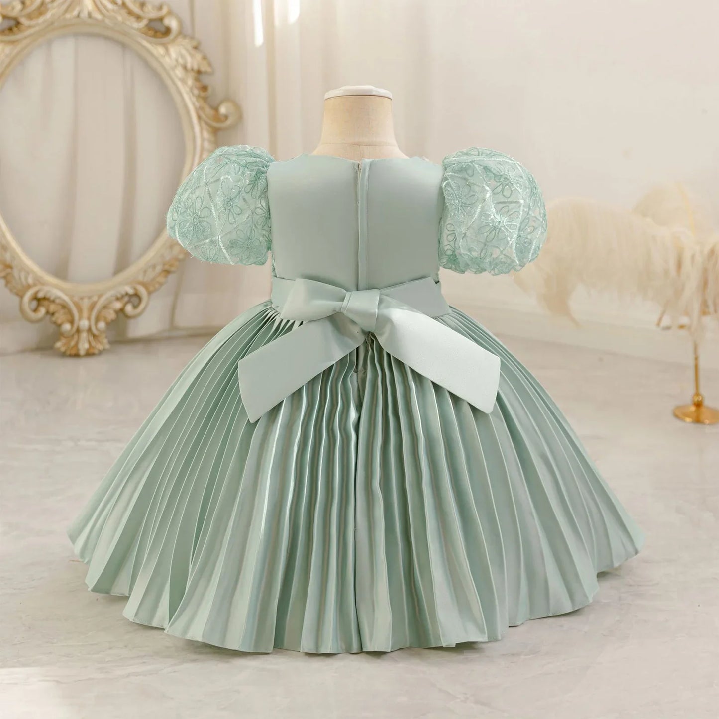 Baby Girls Princess Puff Sleeves Satin Faux Pearls Pleated Tulle Dress (9M-5YRS)