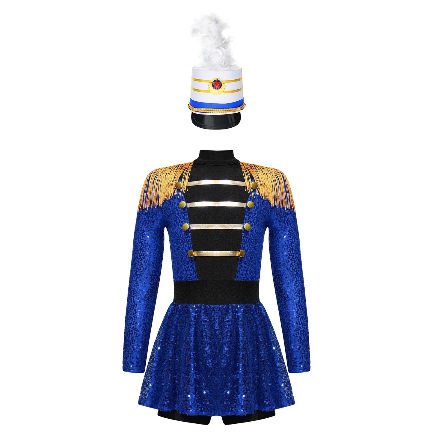 Girls Halloween Circus Ringmaster  Costume Long Sleeve Sequin Leotard Dress (Age 6-14YRS)