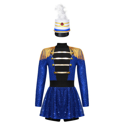 Girls Halloween Circus Ringmaster  Costume Long Sleeve Sequin Leotard Dress (Age 6-14YRS)