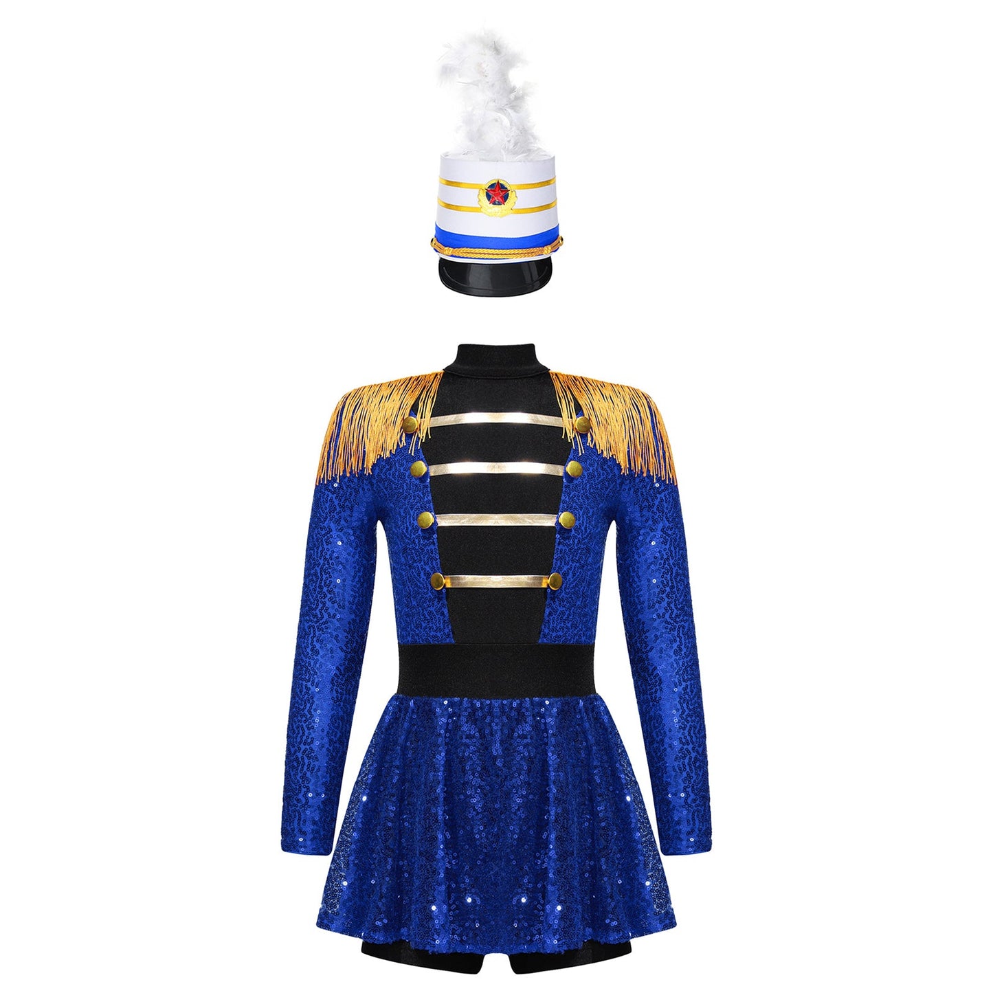 Girls Halloween Circus Ringmaster  Costume Long Sleeve Sequin Leotard Dress (Age 6-14YRS)